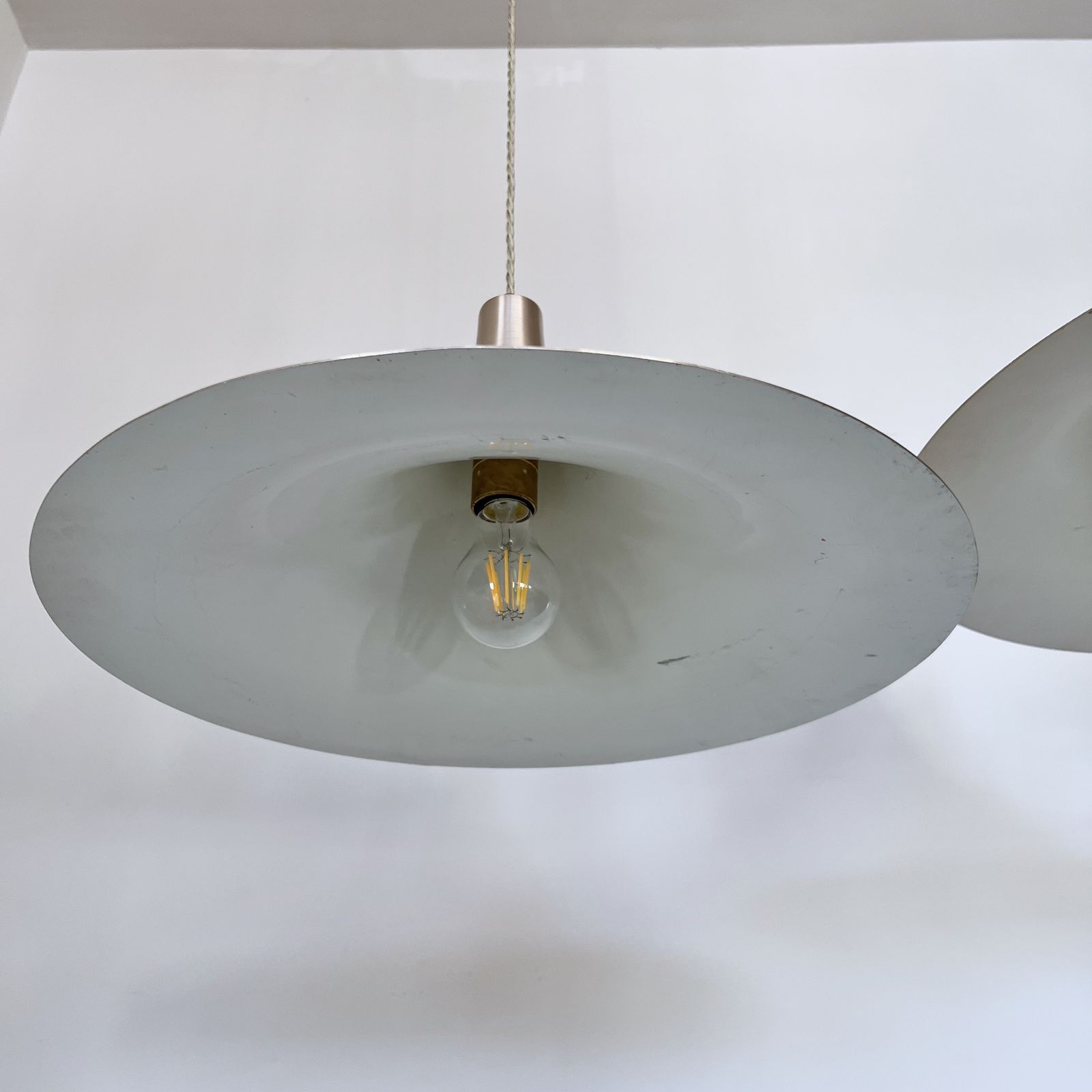 Pair Of Mid Century Danish Spun Steel Trumpet Pendants photo buy