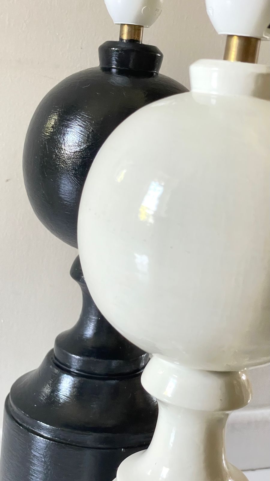 Pair Of Black And White Vintage Wooden Lamp Stands photo for sale