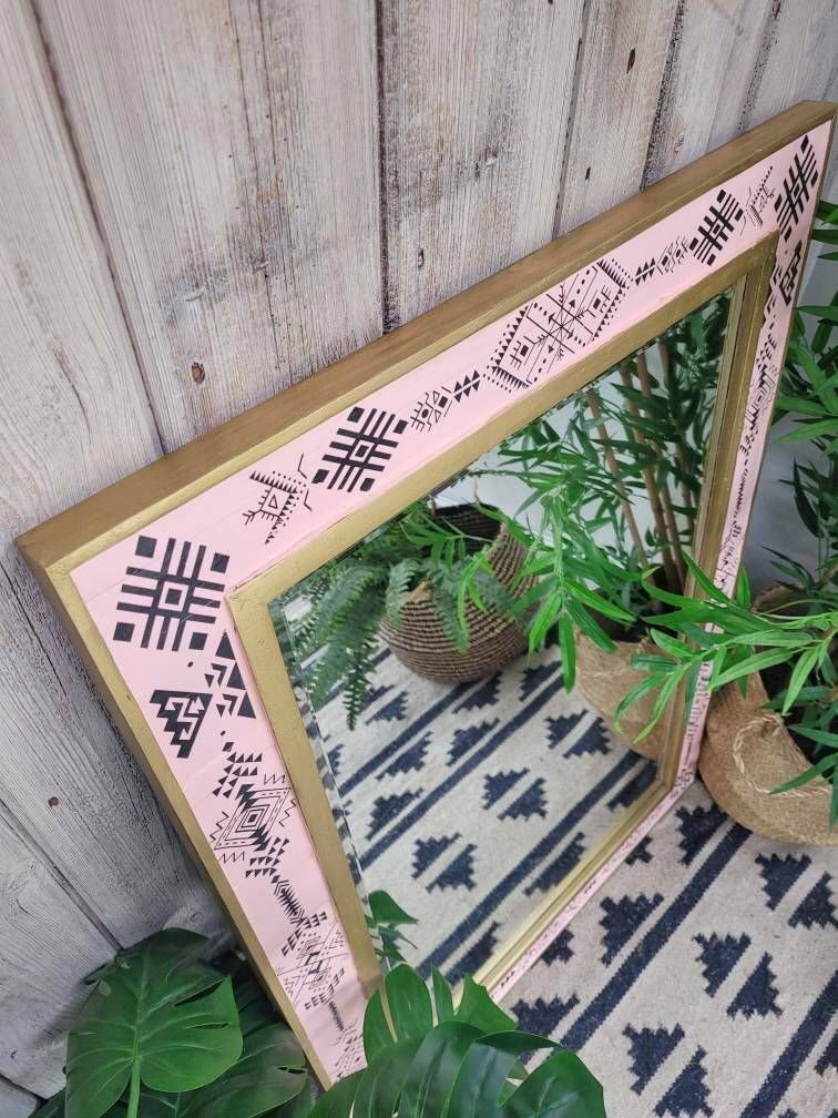 Pink Gold Black Large Mirror With Boho Tribal Design photo vinterior