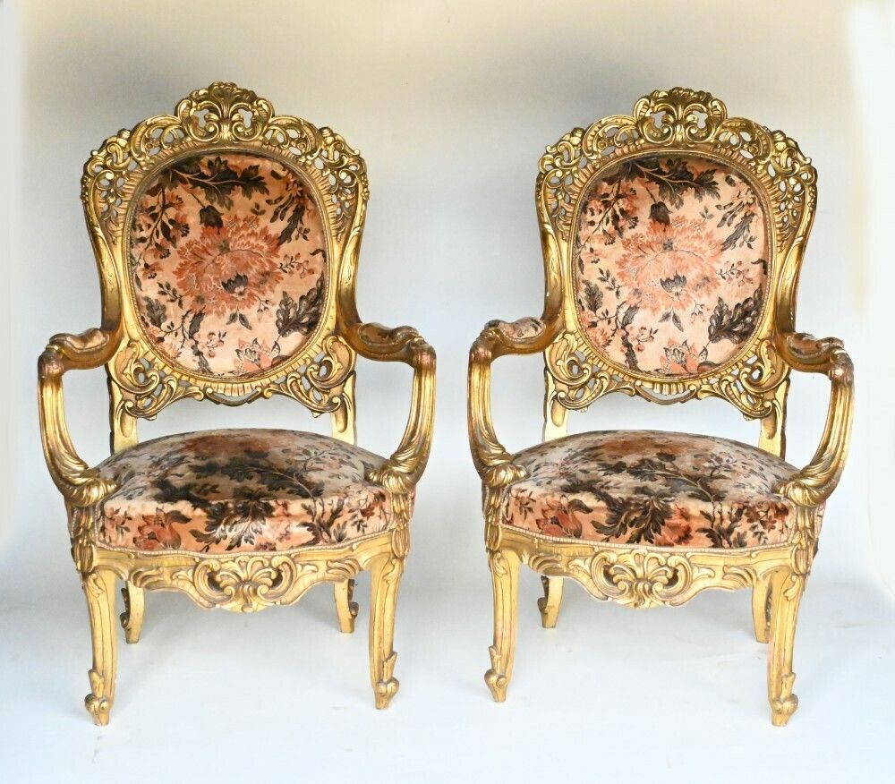 Pair French Salon Chairs Art Nouveau Gilt Fauteuils photo furniture