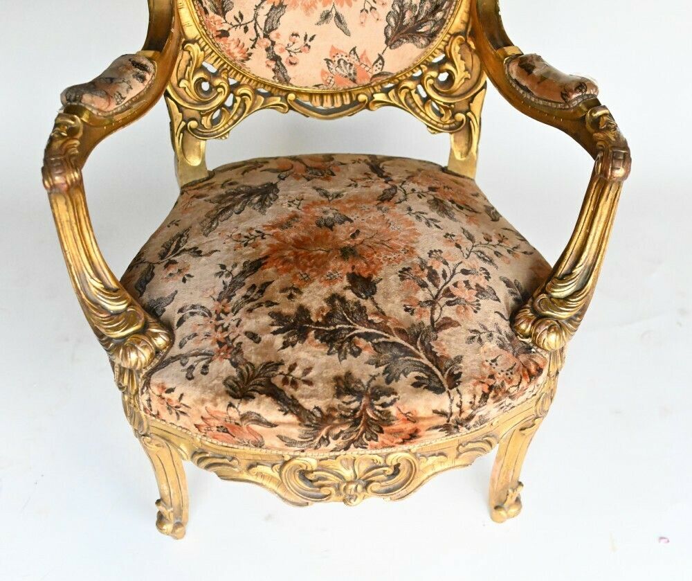 Pair French Salon Chairs Art Nouveau Gilt Fauteuils photo vintage