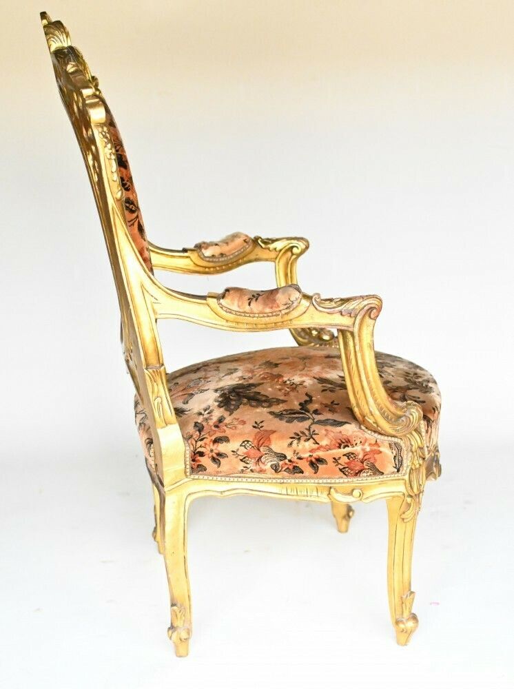 Furniture Pair French Salon Chairs Art Nouveau Gilt Fauteuils photo