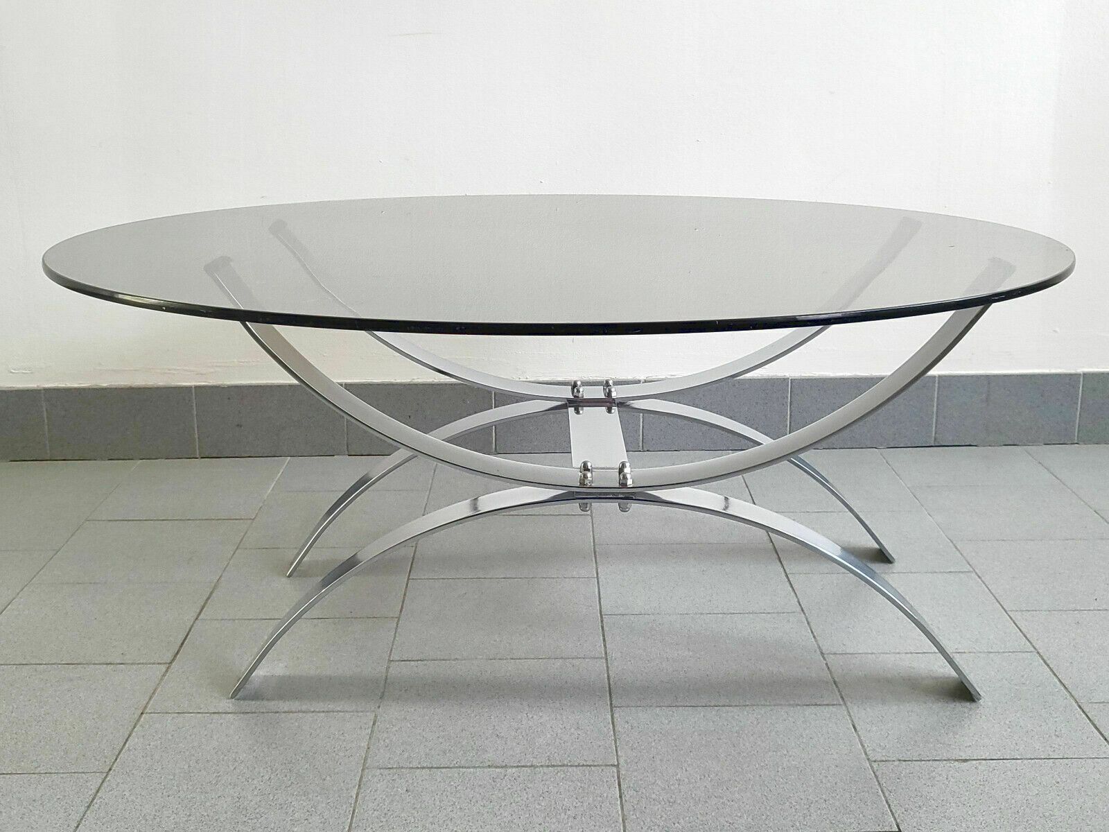 Vintage 1970 Space Age Chrome Steel & Smoke Glass Coffee Table 70s 190s Retro photo for sale