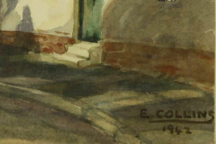 Watercolour By E Collins. Thatched Cottages photo for sale