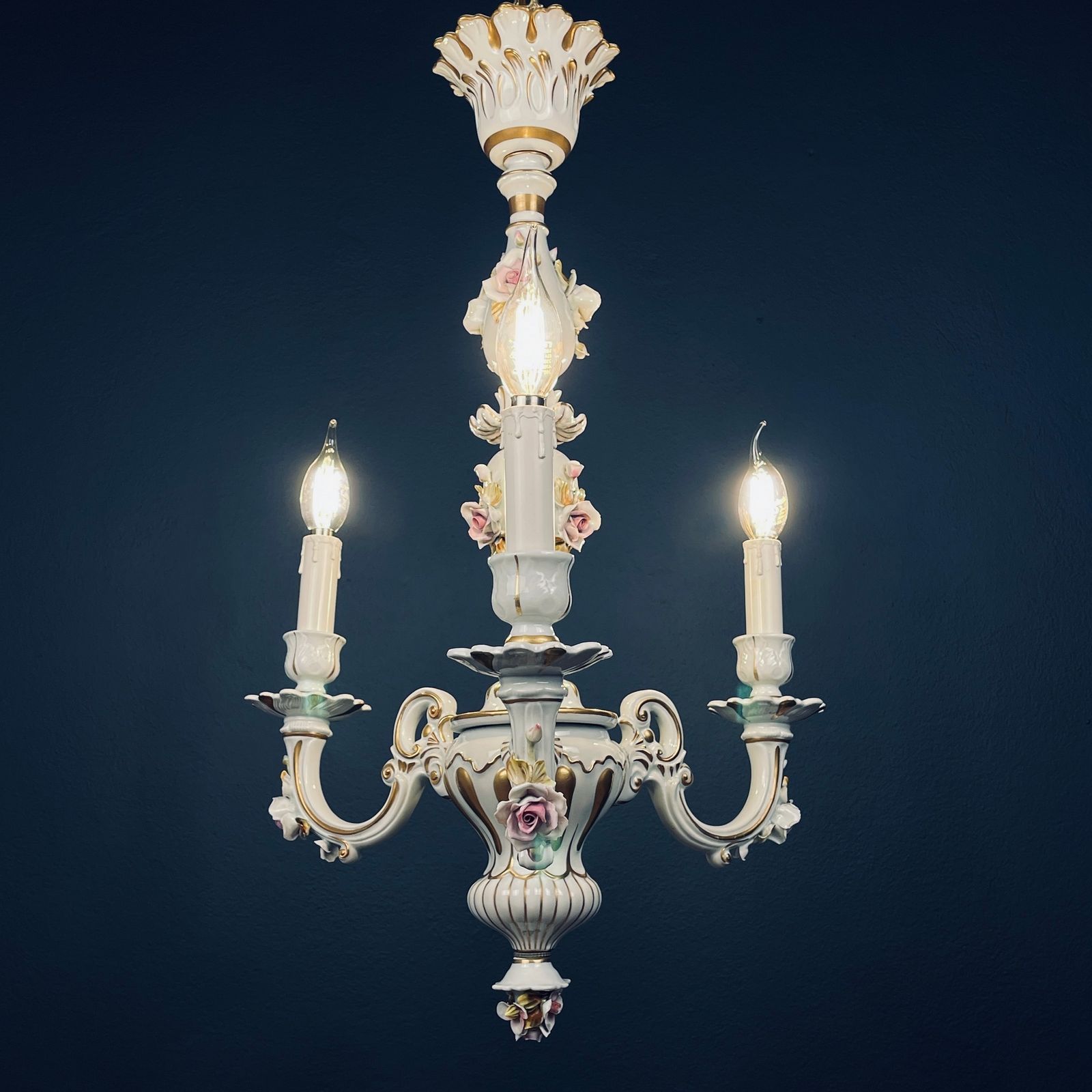 Vintage Capodimonte Porcelain 3 Arm Chandelier Italy 1940s photo furniture