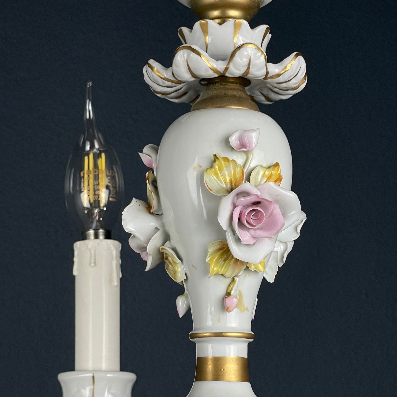 Vintage Capodimonte Porcelain 3 Arm Chandelier Italy 1940s photo for sale