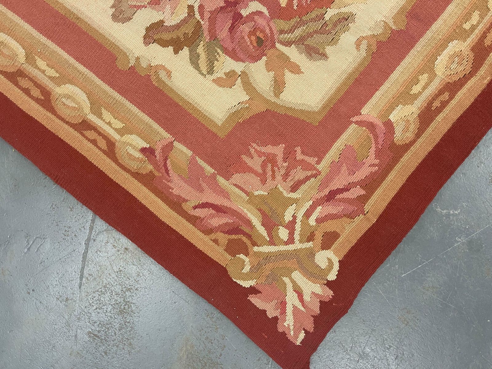 Handmade Carpet Vintage Aubusson Rug 1980 French  Red And Beige Wool Rugs photo for sale