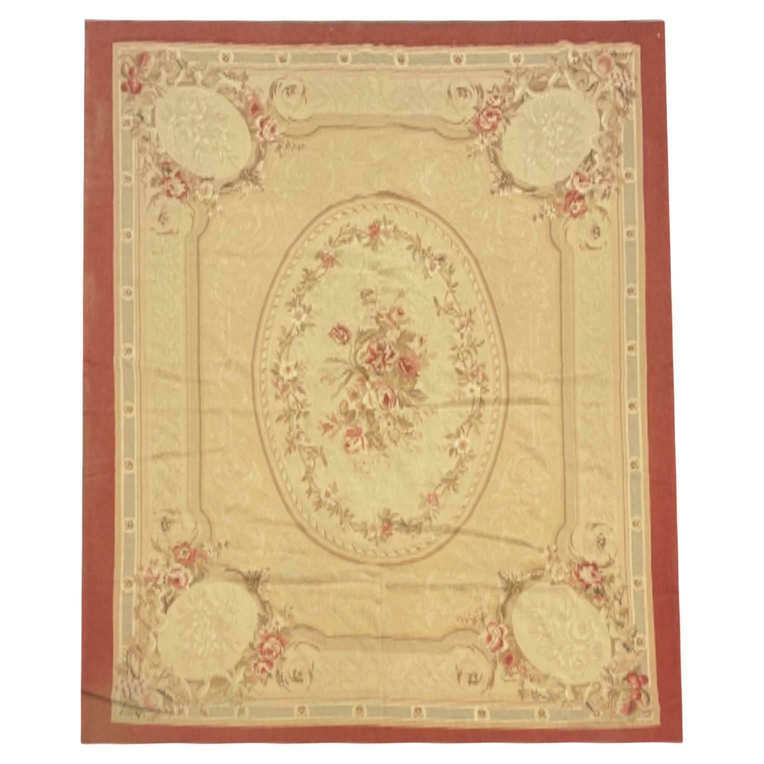 Handmade Aubusson Rug 1980 French  Carpet Vintage Pink And Beige Wool Rugs