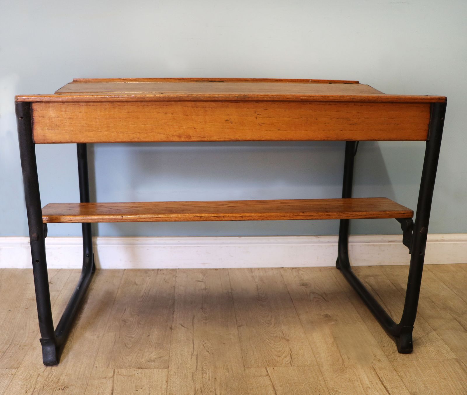 A Wonderful Early 20th Century Oak And Iron Framed School Desk And Integral Chair. photo for sale