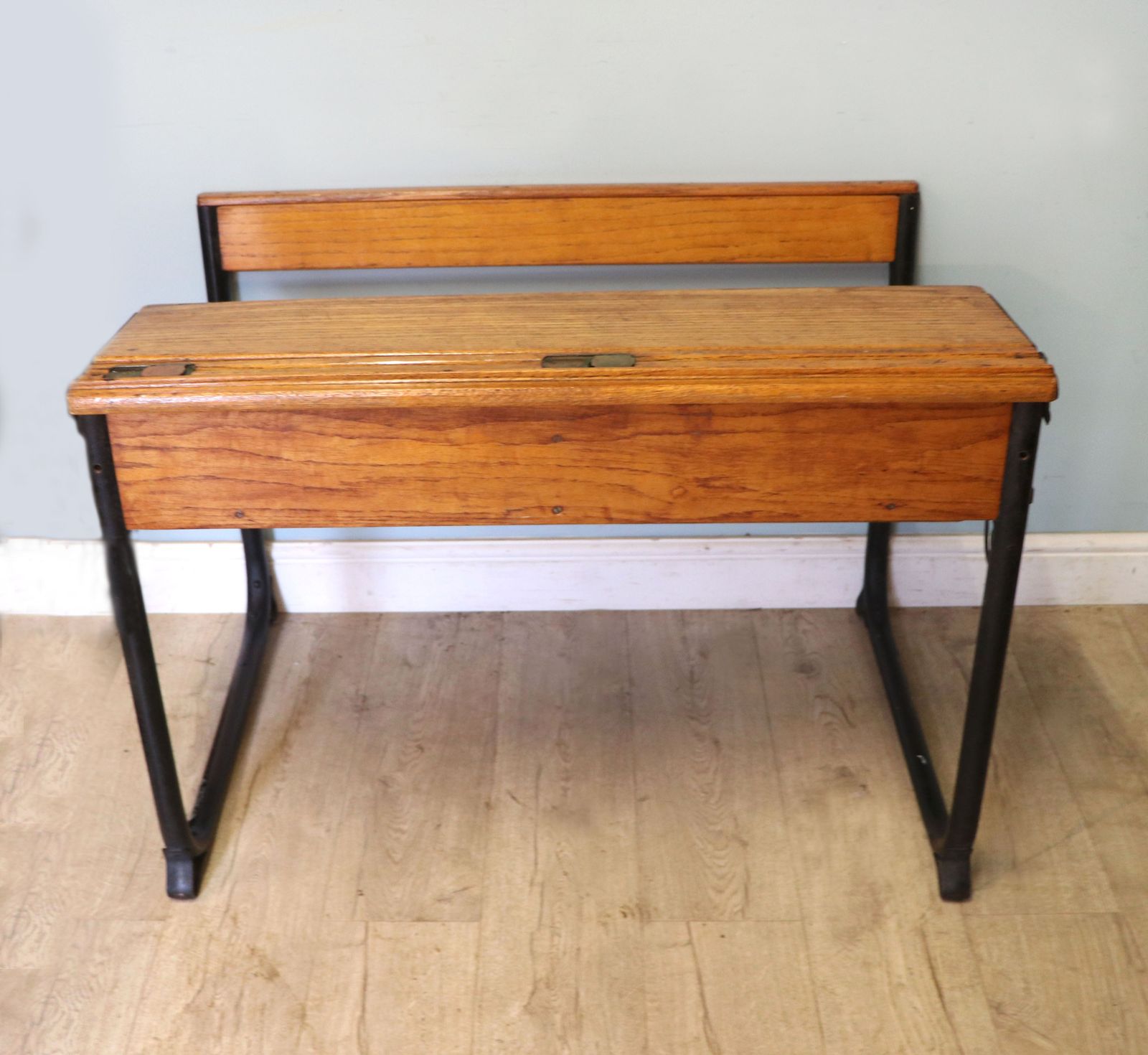 A Wonderful Early 20th Century Oak And Iron Framed School Desk And Integral Chair. photo Furniture