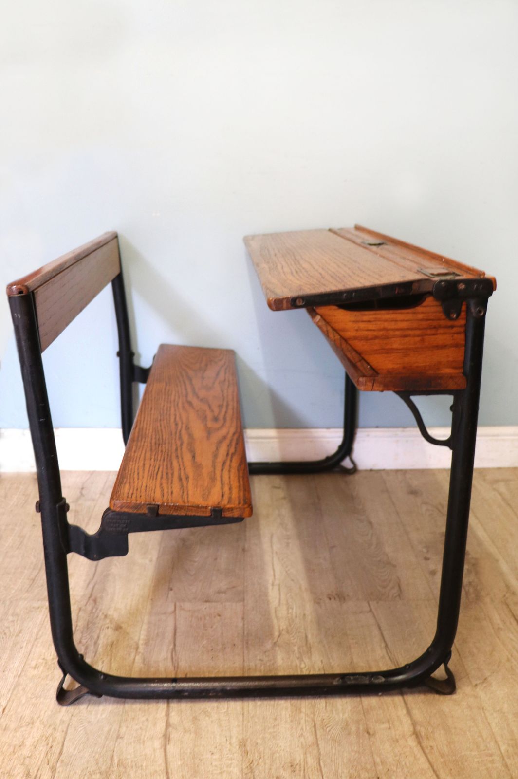 A Wonderful Early 20th Century Oak And Iron Framed School Desk And Integral Chair. photo 395.0