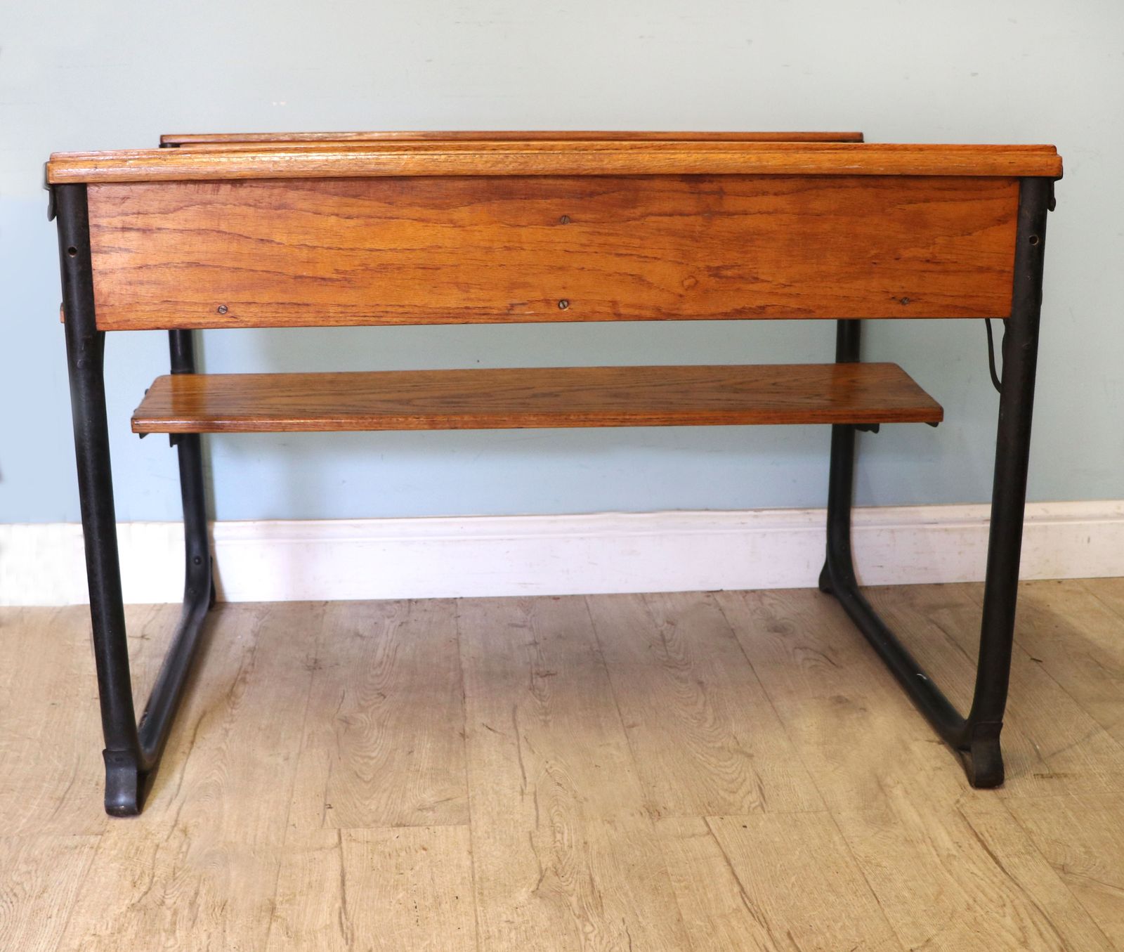 photo furniture A Wonderful Early 20th Century Oak And Iron Framed School Desk And Integral Chair.