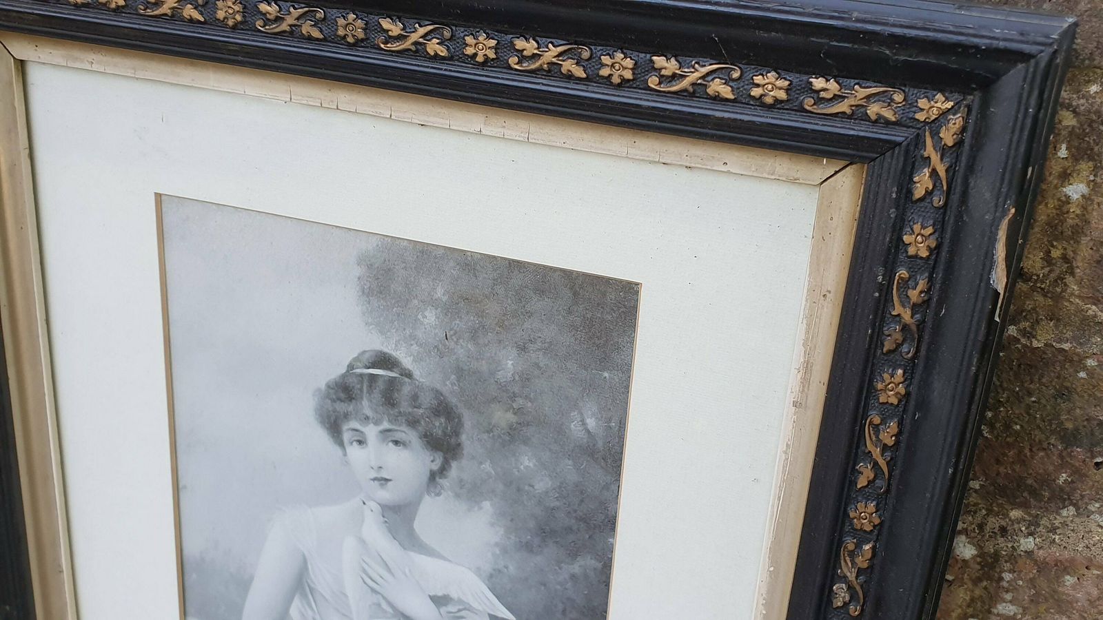 Pair Of Vintage Early 20th Century Prints Wounded Dove And Labor Of Love Pretty Lady With Doves Print photo vintage
