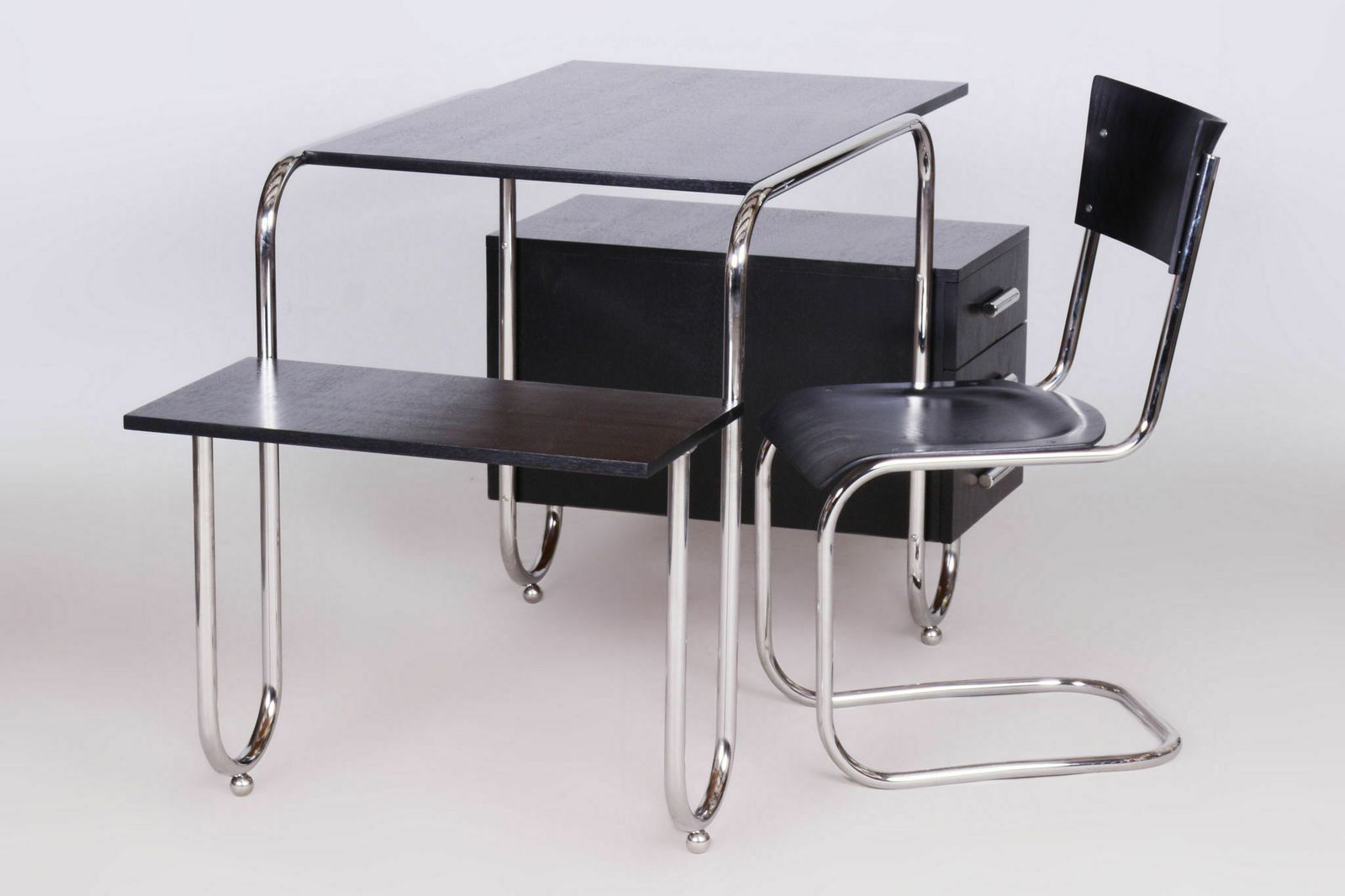 Restored Bauhaus Oak Writing Desk, Designed By French Architect André Lurcat, Made By Robert Slezak, Chrome Plated Steel, Czechia, 1930s photo for sale