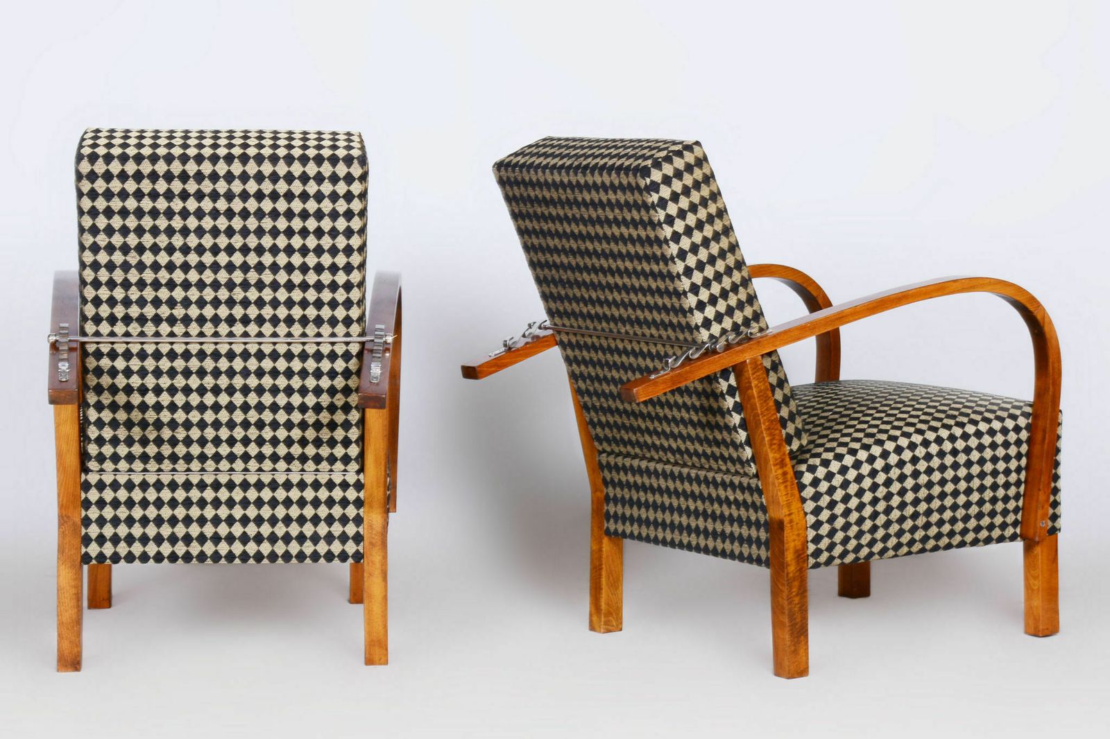 Restored Artdeco Walnut Pair Of Reclining Chairs, New Upholstery, Revived Polish, Czechia, 1930s photo vinterior