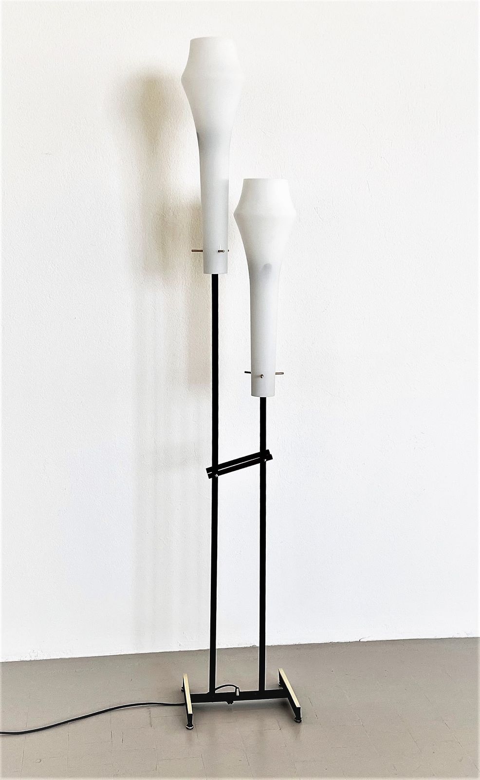 Italian Floor Lamp In White Glass, Wood And Brass By Stilnovo , 1960s