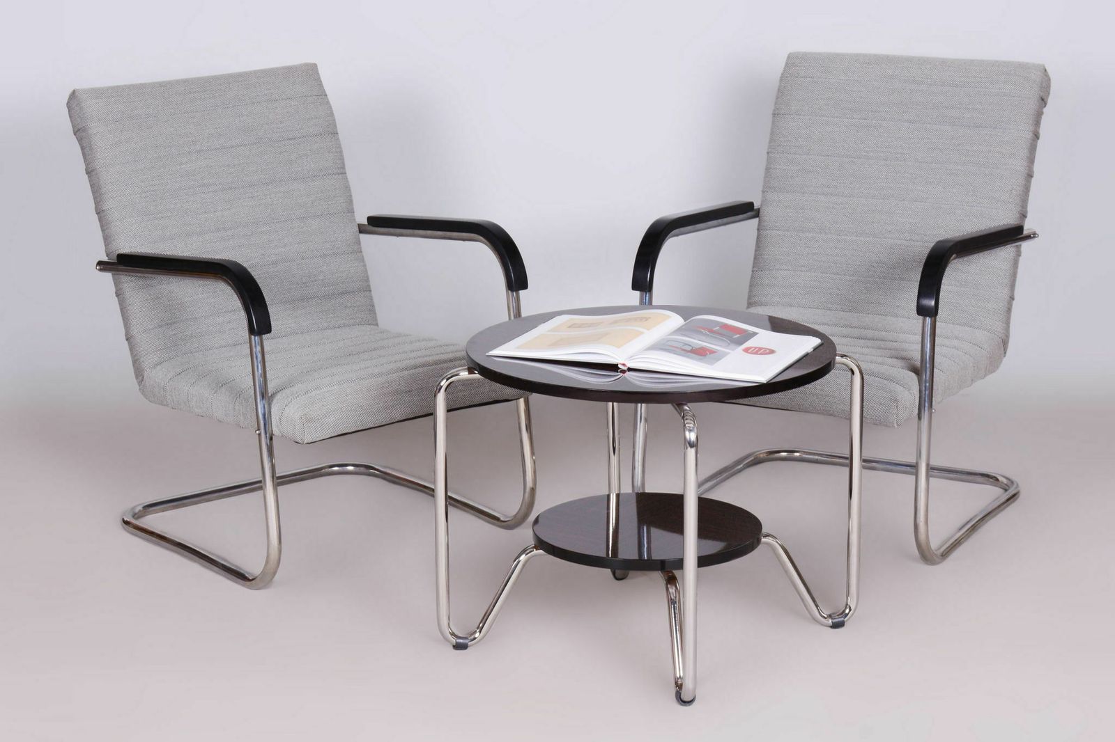 Restored Bauhaus Pair Of Armchairs, Designed By Anton Lorenz, Made By Mücke Melder, New Upholstery, Chrome Plated Steel, Beech, Czechia, 1930s photo vintage