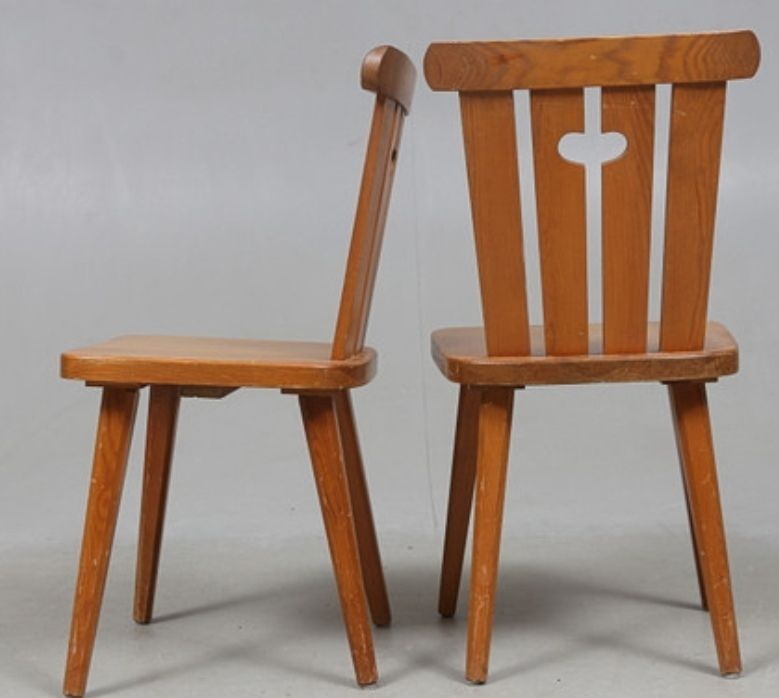 Swedish Vintage, 4 Dinner Chairs By Famouse Designer Göran Malmvall, In Solid Pine 1940´S.  Model: His Much Sought  After Series "Svensk Fur / Sportstugemöbel" photo furniture