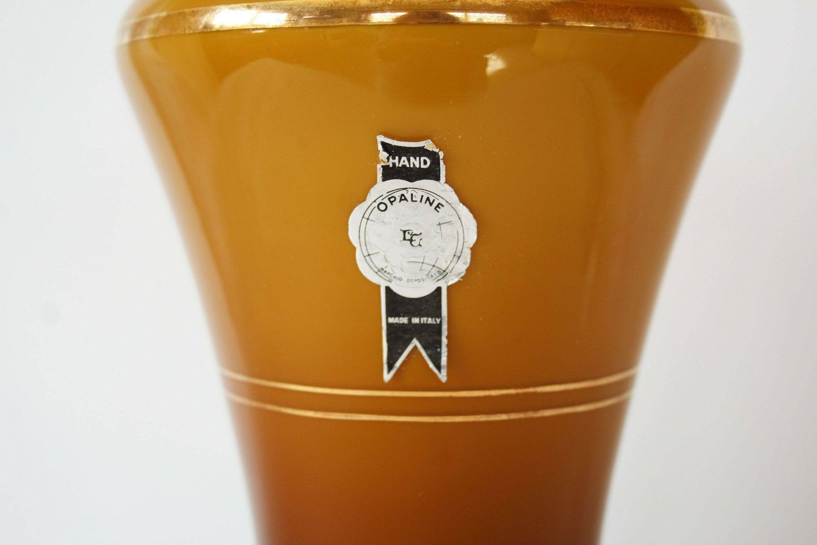 Grote Hoge Vaas Van Opalineglas, Amberbruin Glas Met Gouden Randen, Handgemaakt, Mid Century, Italië, Label, Lichte Krassen, Empoli photo furniture