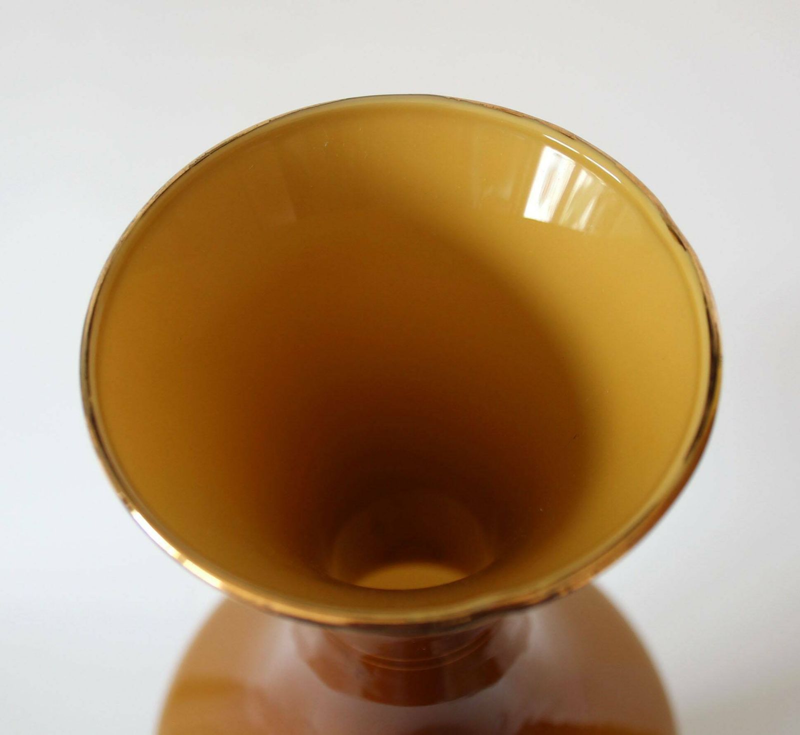 Tall Lg Opaline Glass Vase, Amber Brown Glass And Gold Rims, Hand Made, Mid Century Vase, Italy, Label, Light Scratches, Empoli photo buy