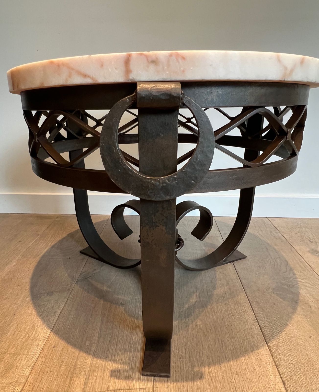 Art Deco Wrought And Hammered Iron Pedestal Table With White Marble Top photo 2500.0