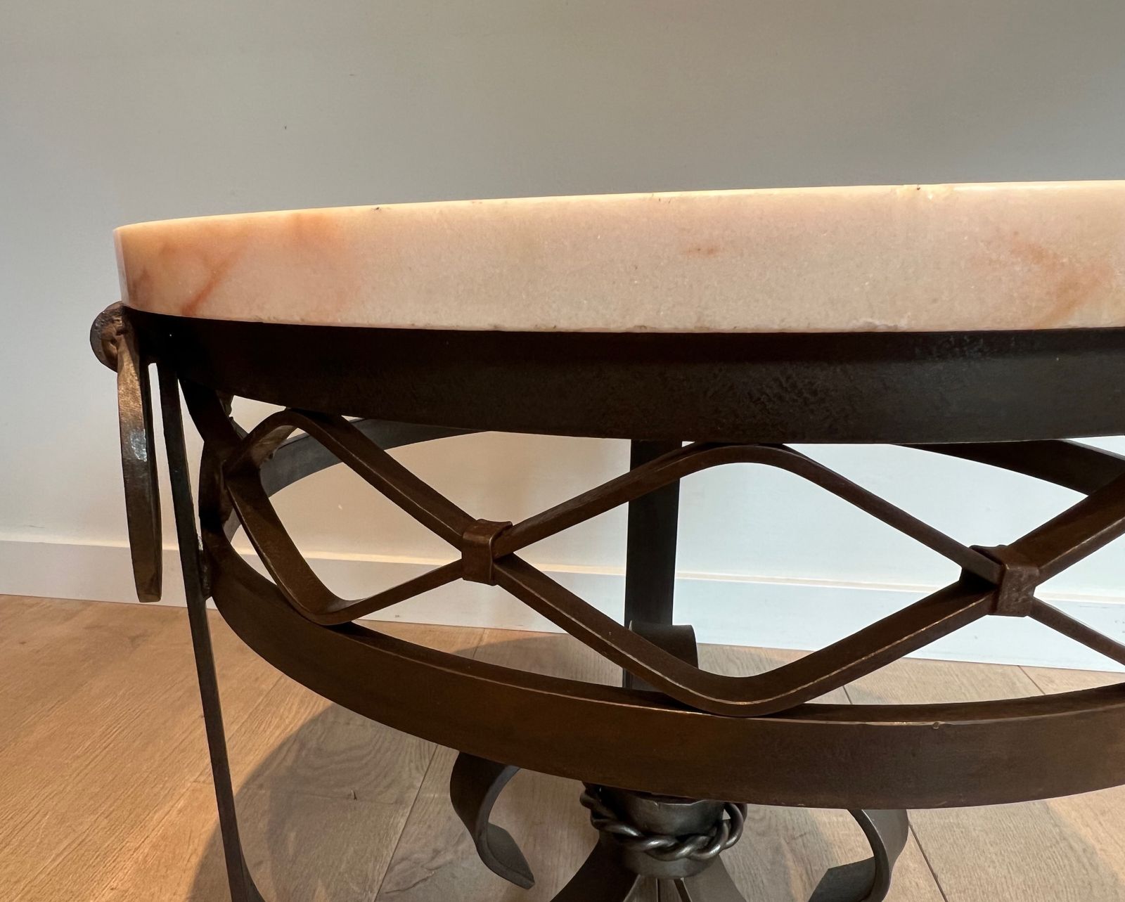 Art Deco Wrought And Hammered Iron Pedestal Table With White Marble Top photo vintage