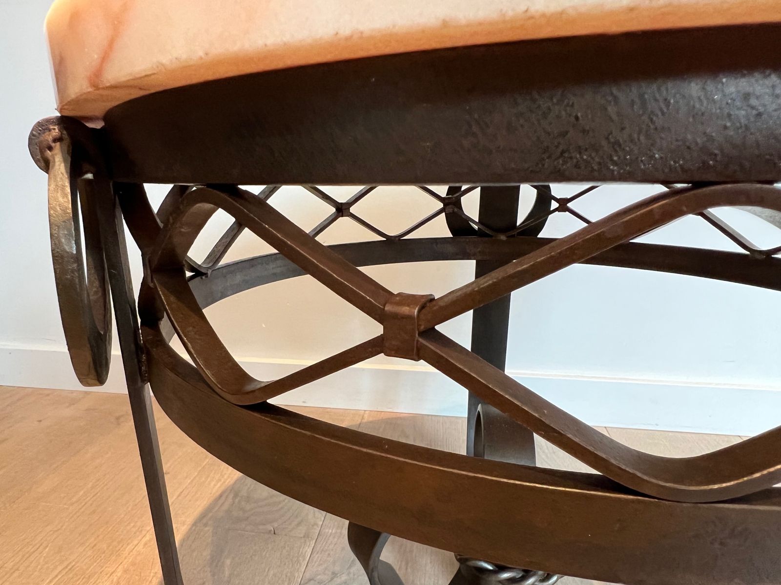 photo furniture Art Deco Wrought And Hammered Iron Pedestal Table With White Marble Top