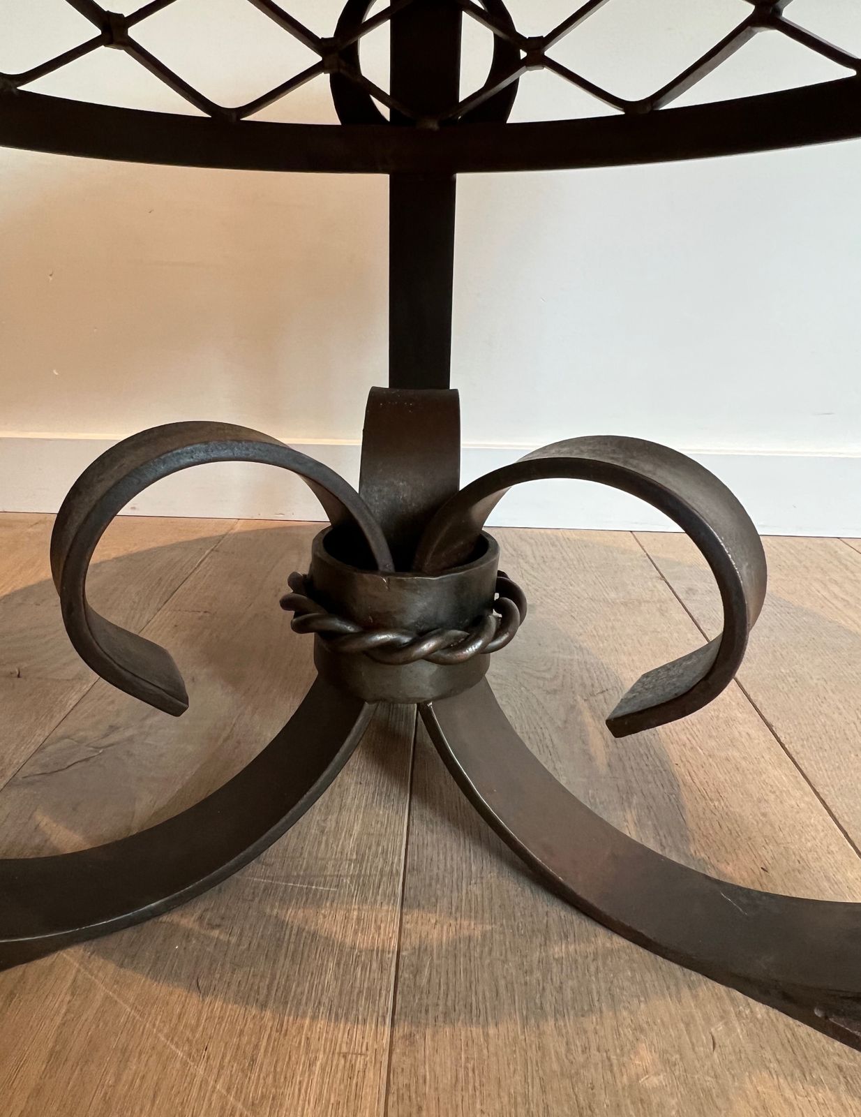 Furniture Art Deco Wrought And Hammered Iron Pedestal Table With White Marble Top photo