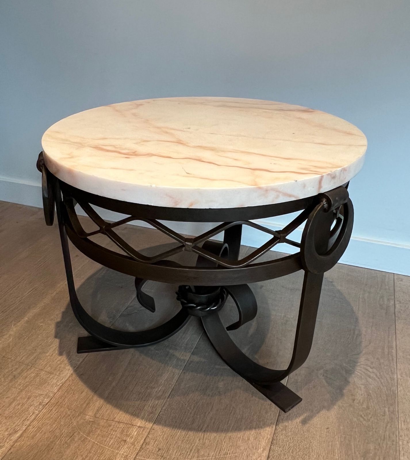 2500.0 Art Deco Wrought And Hammered Iron Pedestal Table With White Marble Top photo