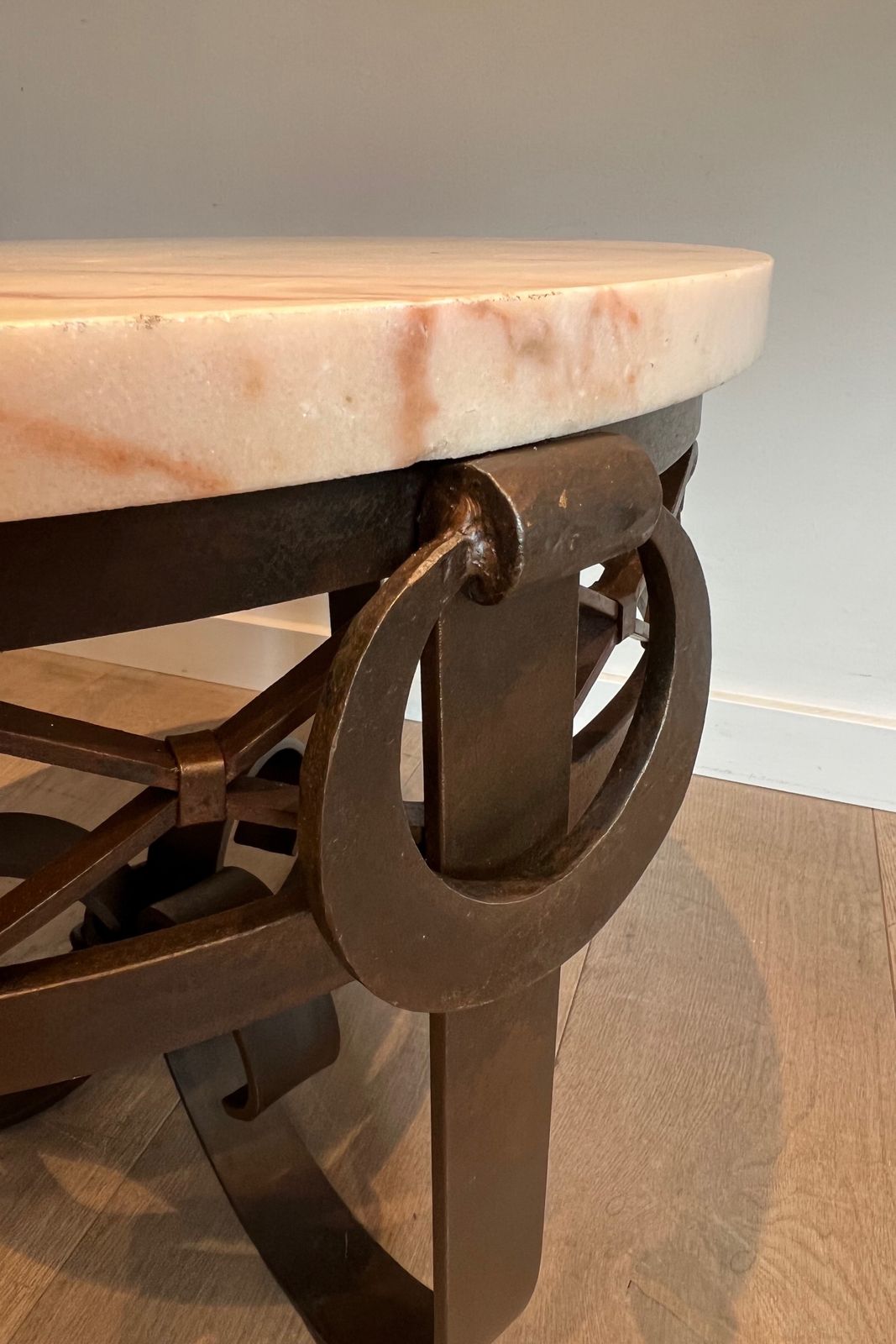 photo buy Art Deco Wrought And Hammered Iron Pedestal Table With White Marble Top
