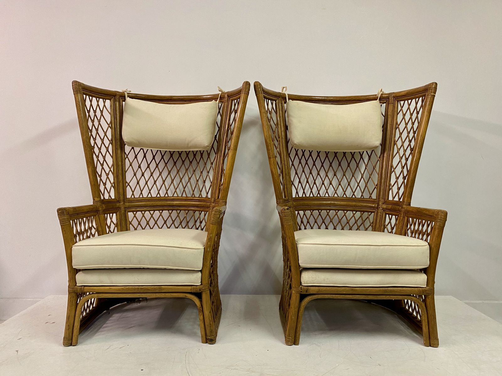 Pair Of 1980s High Back Bamboo Chairs With Ottomans photo 2595.0