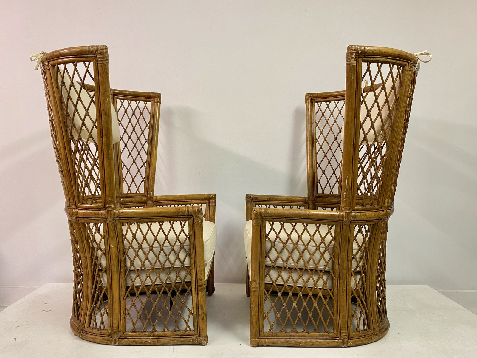 Pair Of 1980s High Back Bamboo Chairs With Ottomans photo vintage