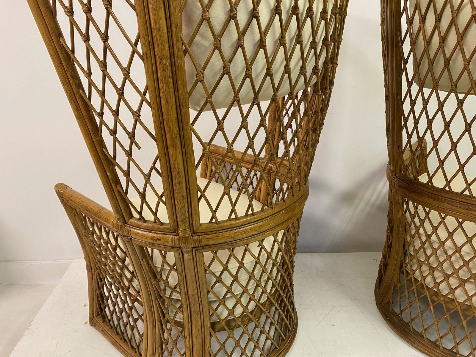 photo buy Pair Of 1980s High Back Bamboo Chairs With Ottomans