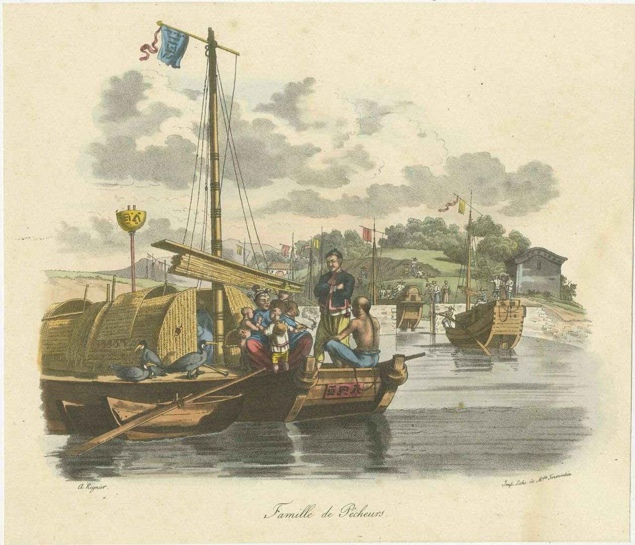 Antique Print Of A Chinese Family Of Fishermen