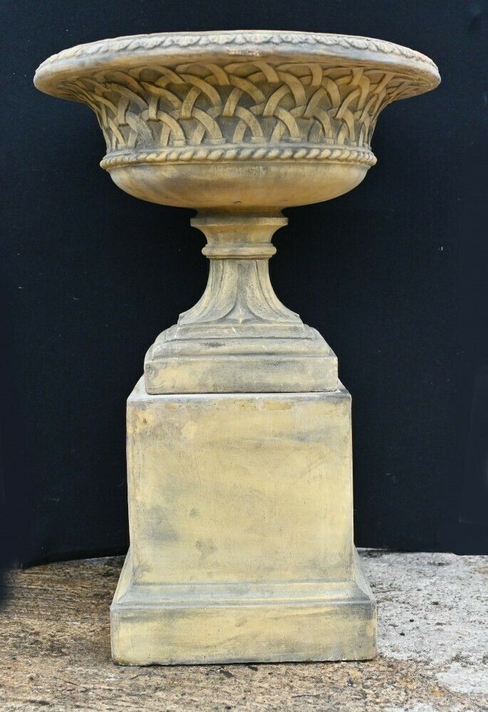 Pair Terracotta Garden Urns Pedestal Classical Celtic Gothic photo Garden Decor