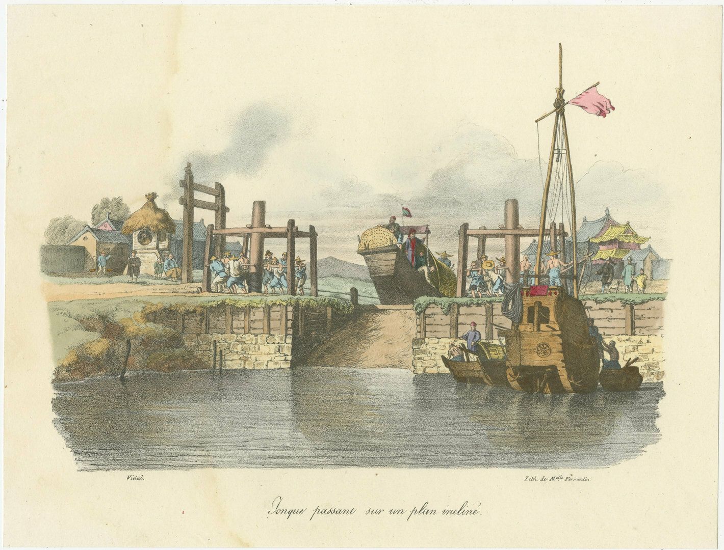Antique Print Of A Chinese Junk On A Slope