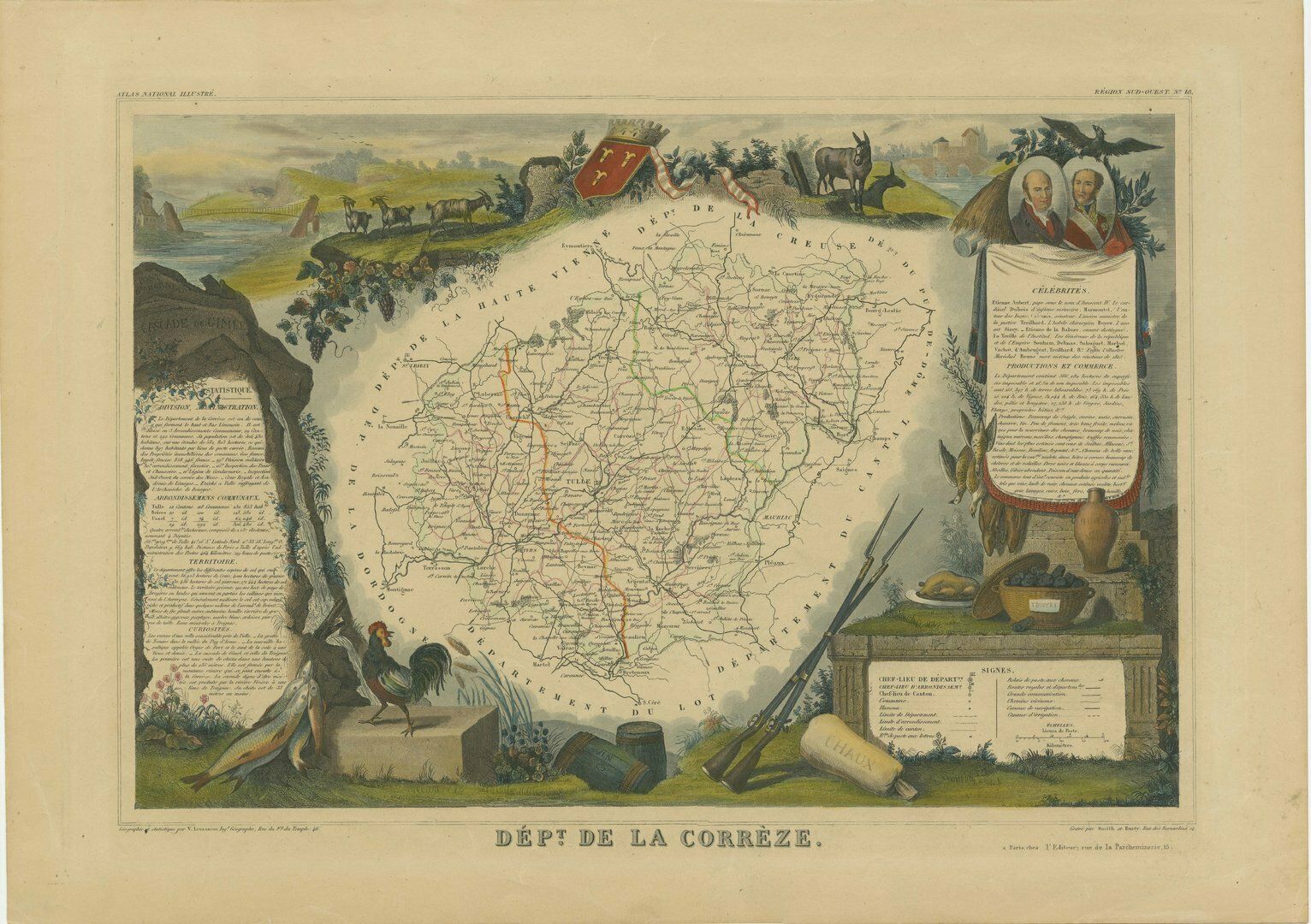 Hand Colored Antique Map Of The Department Of Correze, France