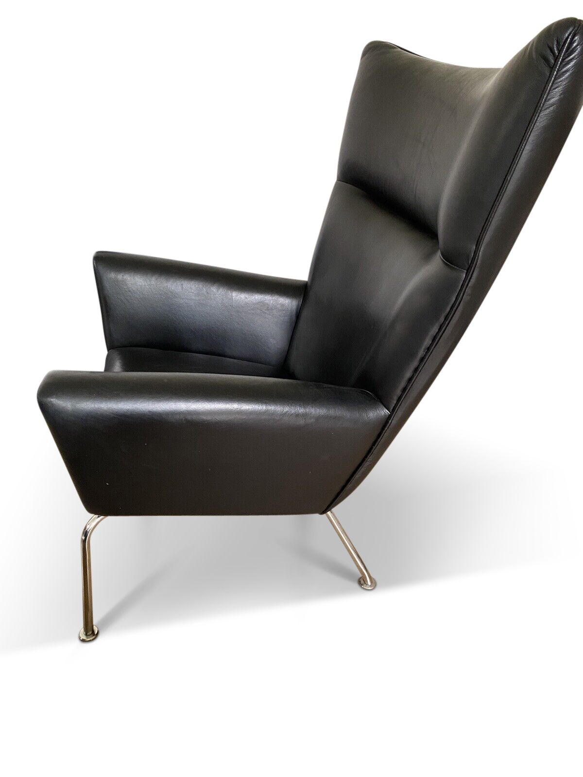 Hans J Wegner Ch445 Design Premium Black Leather And Stainless Steel Wing Armchair Complete With Matching Footstool Ol photo for sale