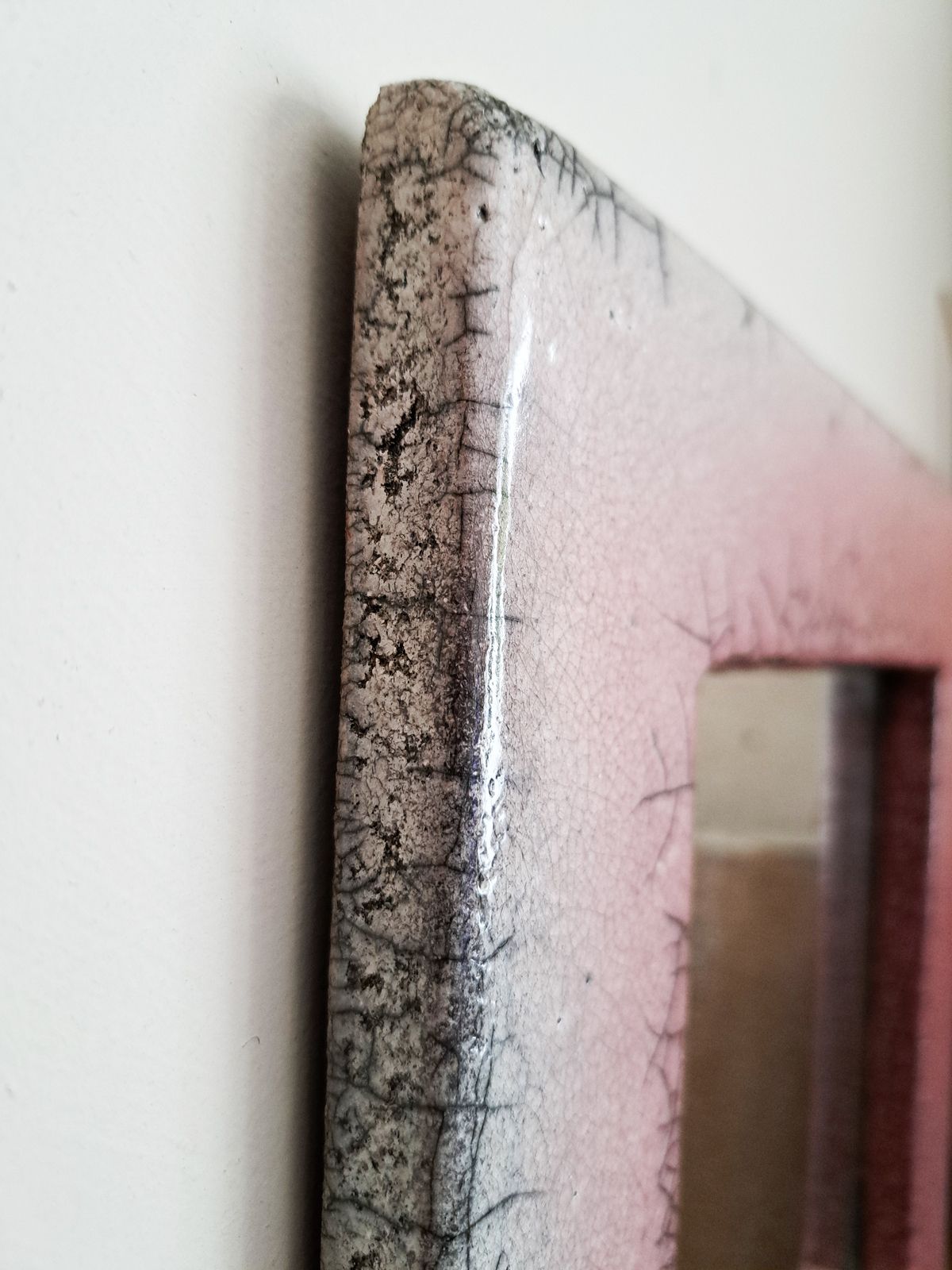 Mid Century Crackled Pink Ceramic Wall Mirror In Style Of Mithé Espelt photo vinterior