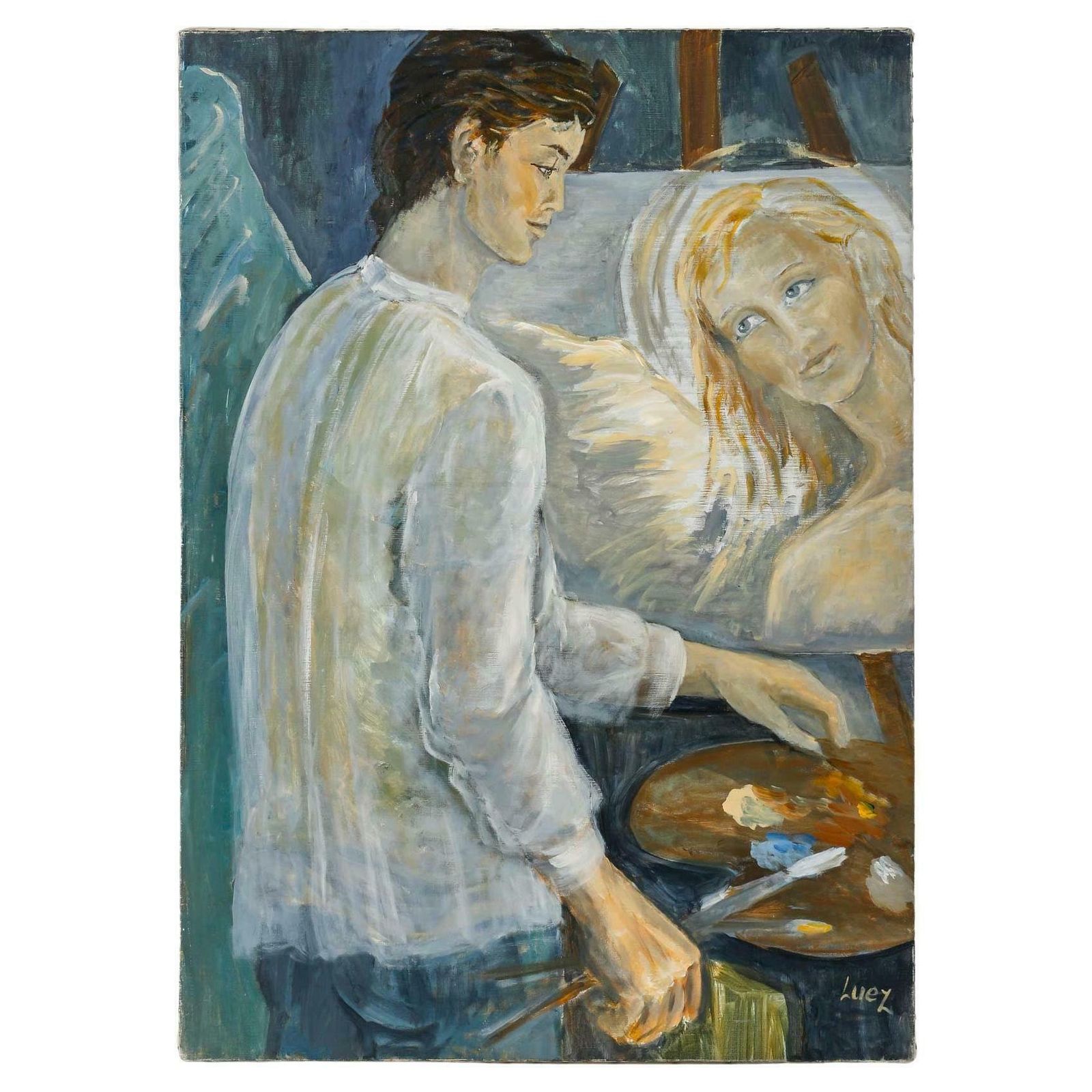 Painting, Oil On Canvas By Artist Evelyne Luez, "Le Peintre à Son Chevalet".