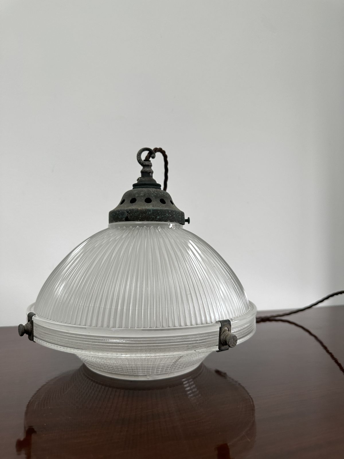 Antique English Original Two Part Church Holophane Prismatic Cut Glass Ceiling Pendant Light Lamp photo 795.0