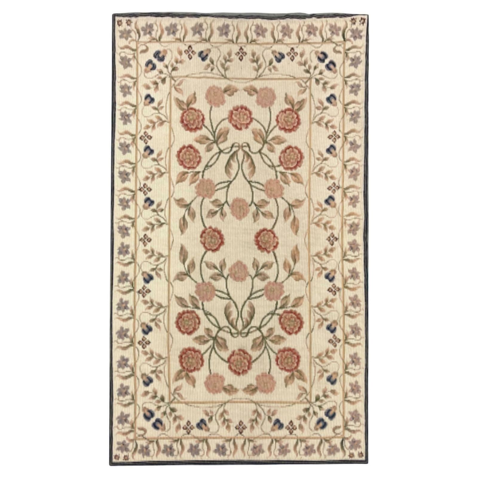 Beige Floral Aubusson Rug Handwoven Wool Needlepoint, Traditional Botanical Rug
