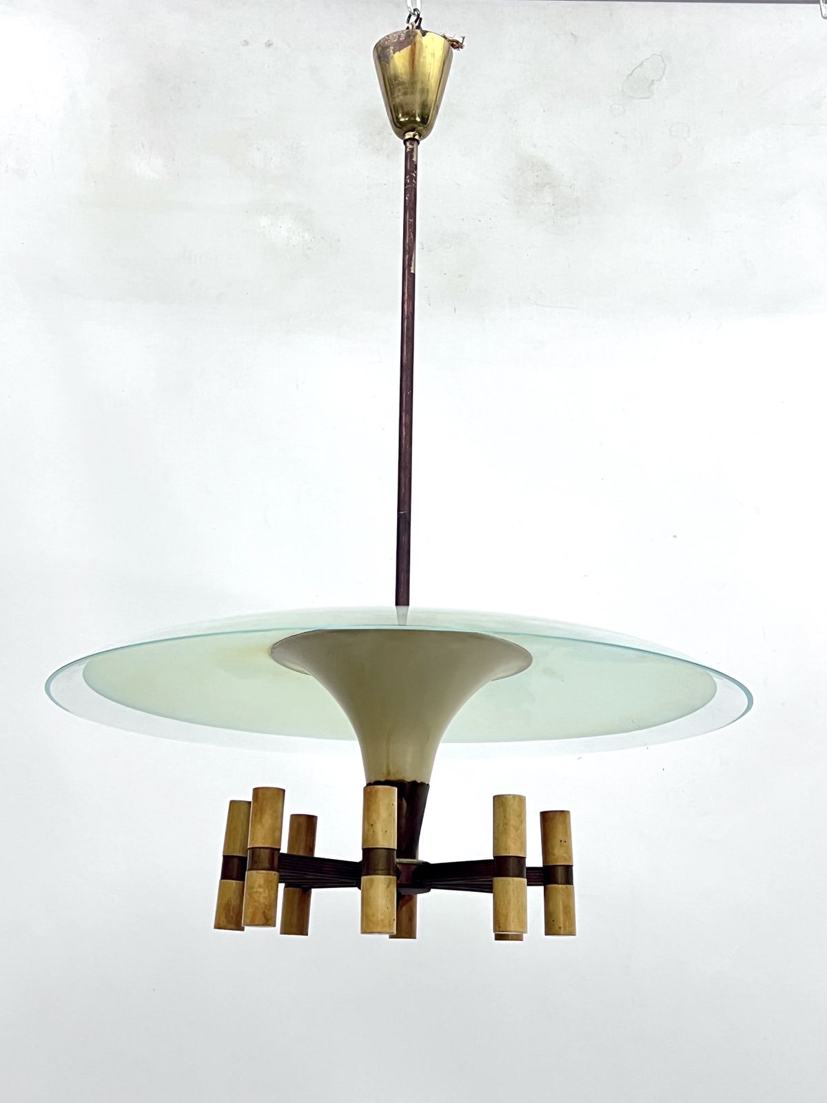Mid Century Fontana Arte Manner Curved Glass Disk Chandelier. Italy 1950s photo for sale