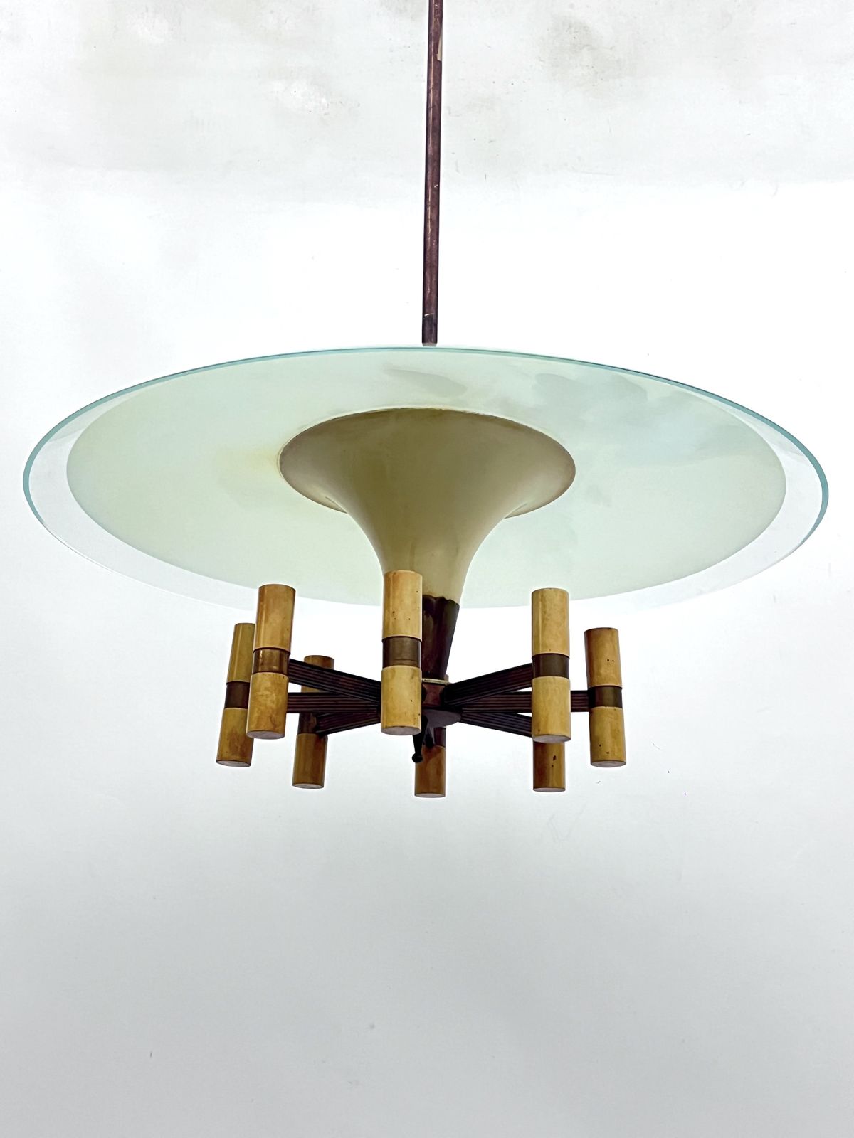 Mid Century Fontana Arte Manner Curved Glass Disk Chandelier. Italy 1950s photo buy