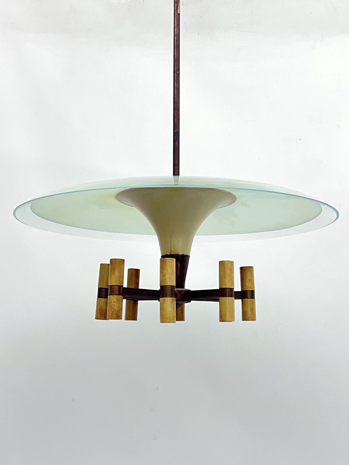 photo furniture Mid Century Fontana Arte Manner Curved Glass Disk Chandelier. Italy 1950s