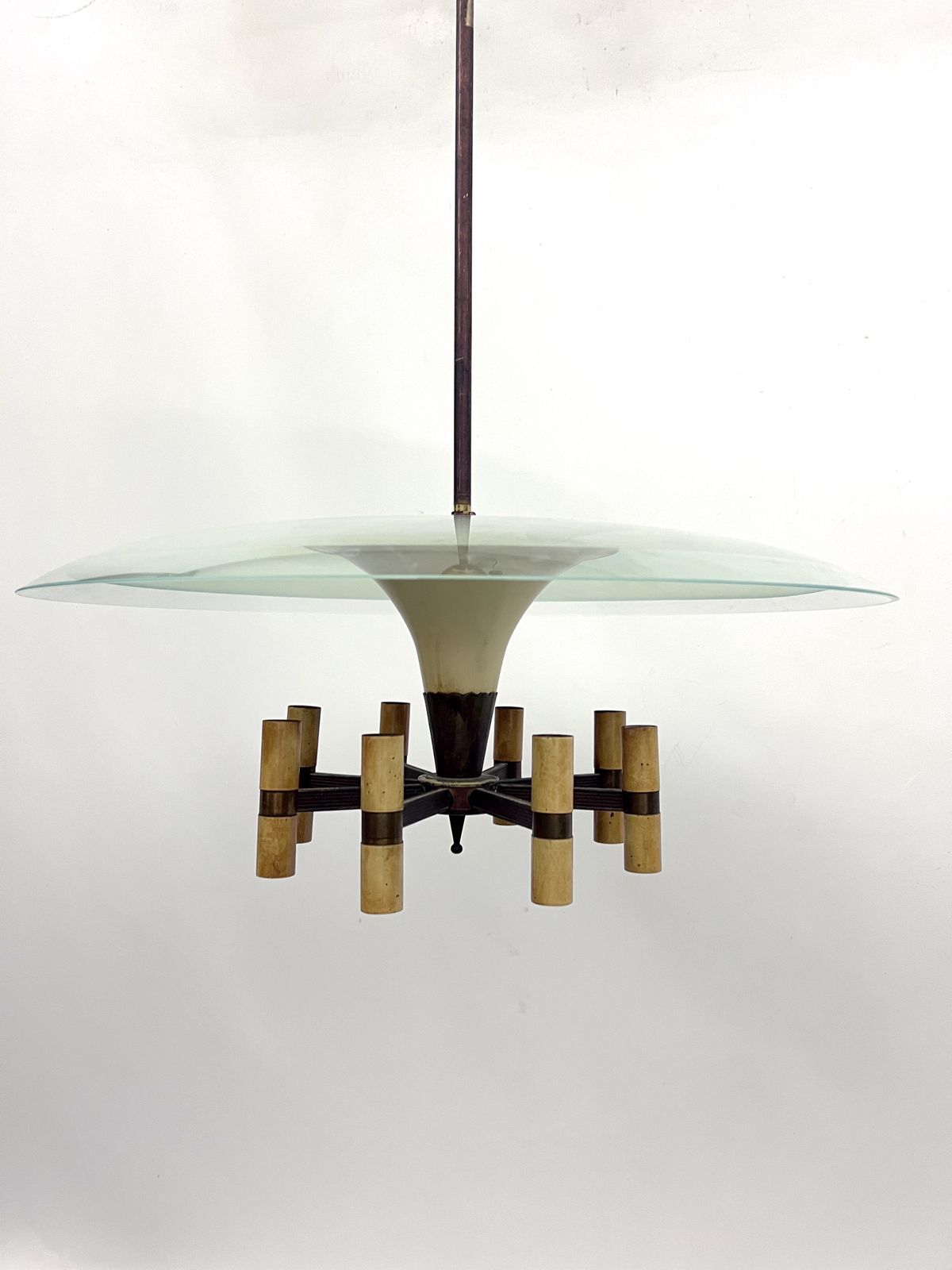 Mid Century Fontana Arte Manner Curved Glass Disk Chandelier. Italy 1950s