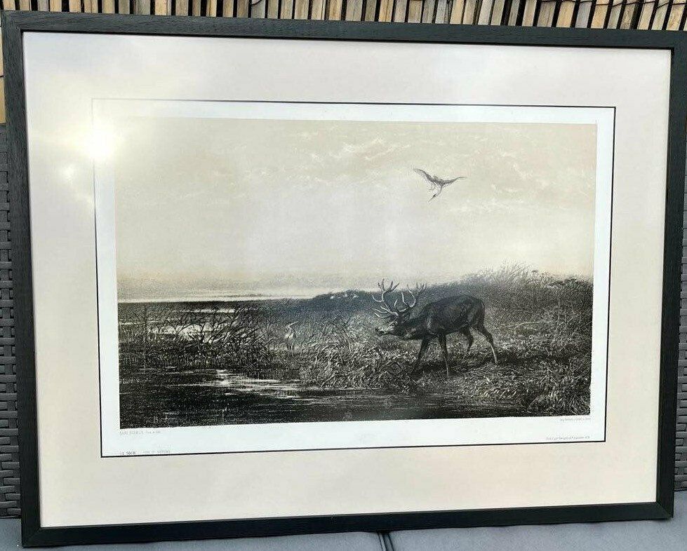 Original Vintage Framed Karl Bodmer (1809   1893) ‘Le Soir. Cerf Et Herons’ The Evening Stag 1858 Lithograph photo furniture