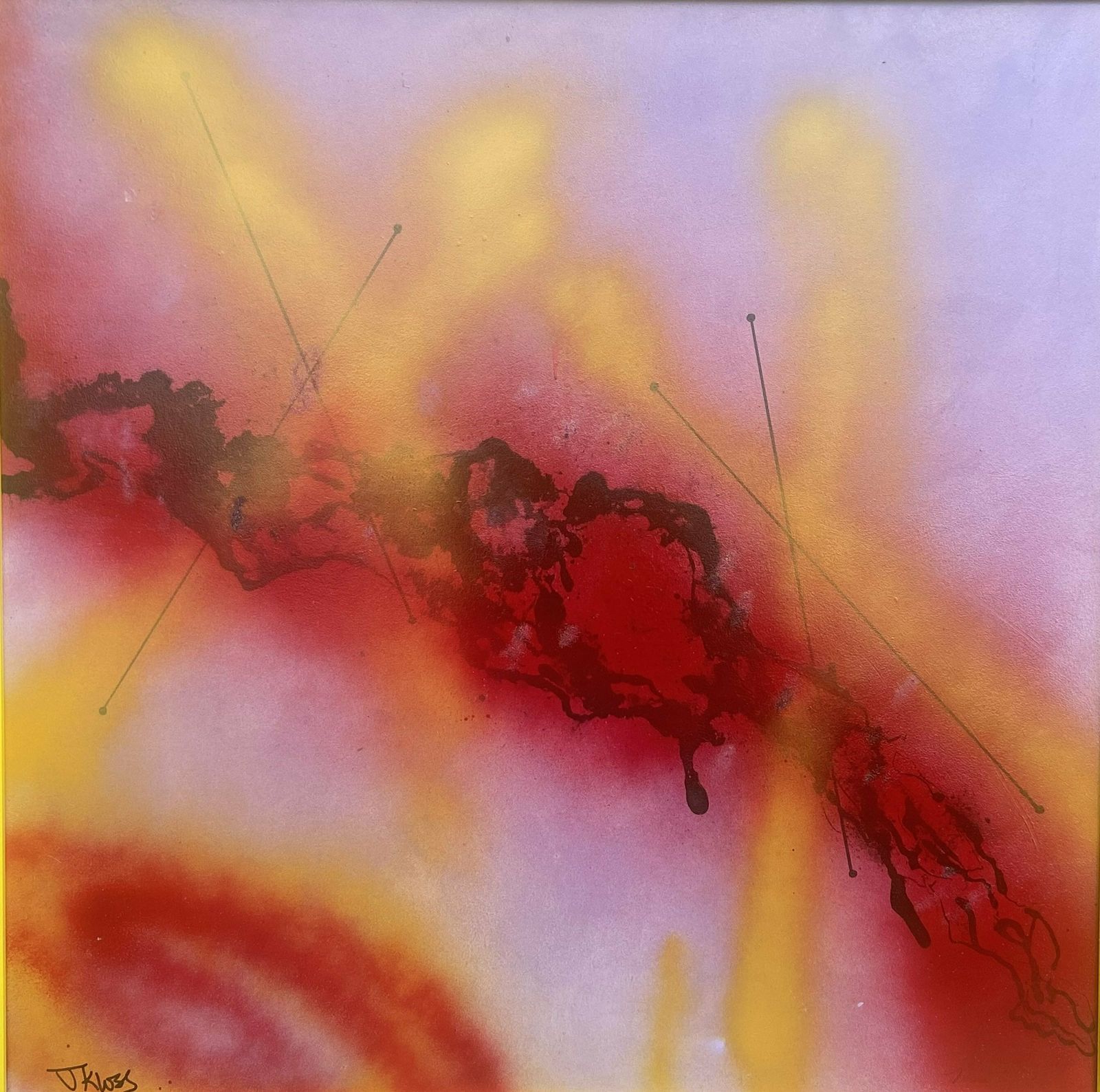 Original Contemporary Yellow Hand Painted Framed Mixed Media On Board Spray Paint ‘Sunrise’ J Kloss photo for sale