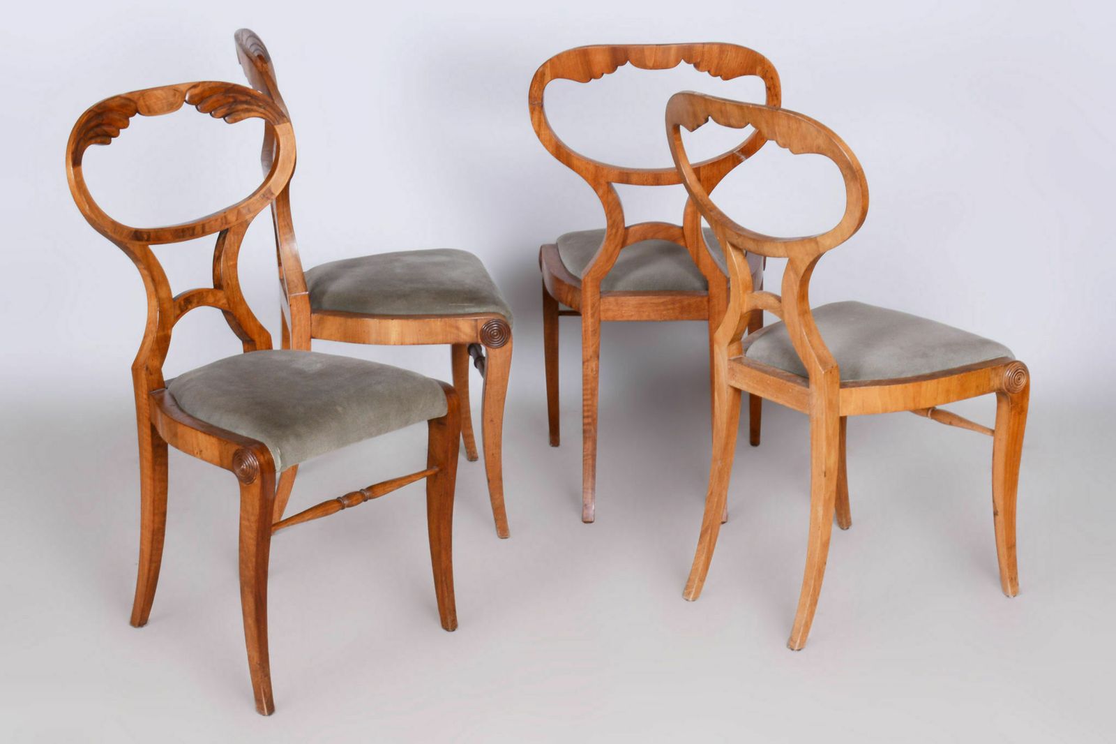 2800.0 Restored Biedermeier Set Of Four Oak Chairs, Walnut Veneer, Stable Construction, Revived Polish, Vienna, Austria, 1820s photo