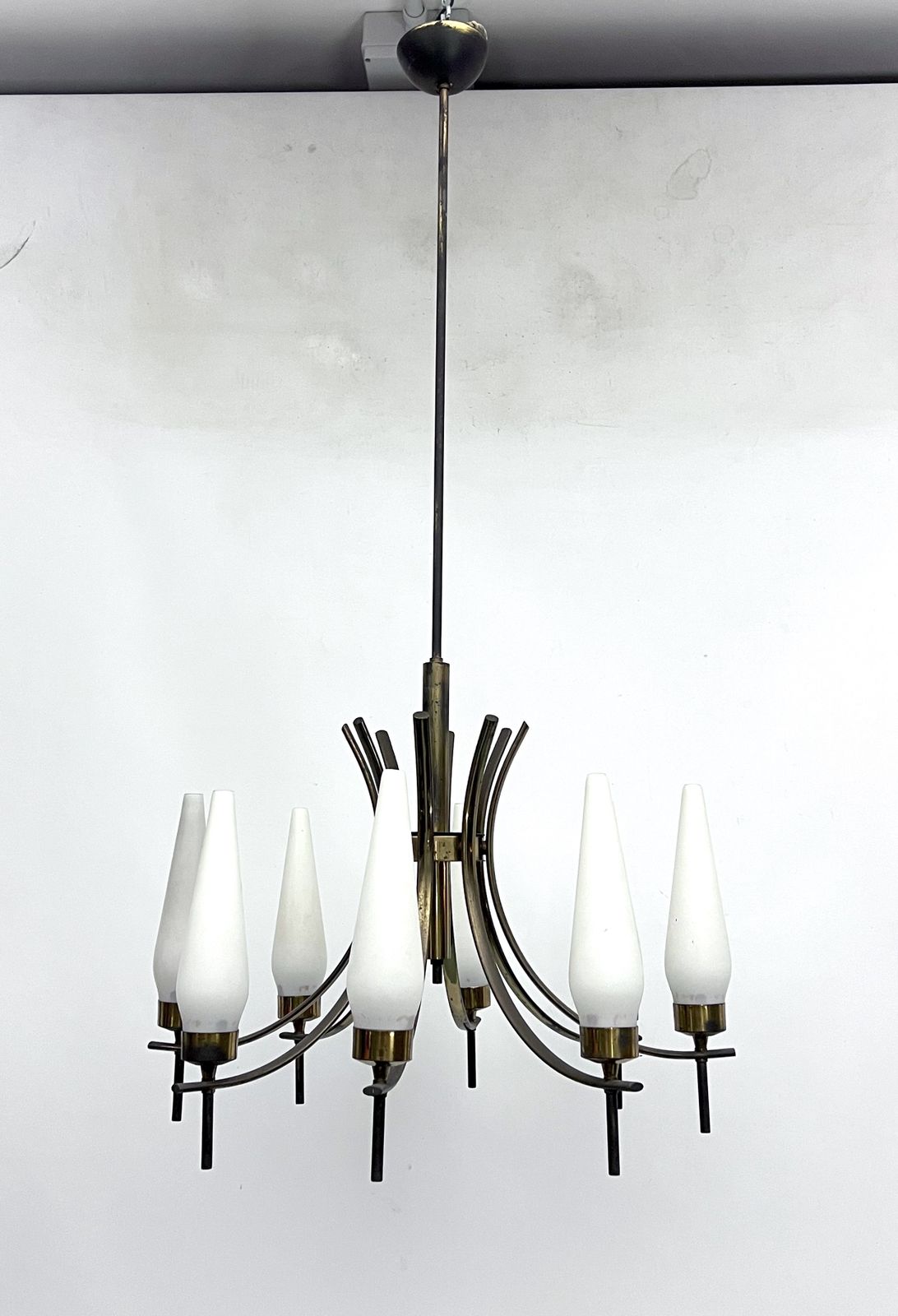 Mid Century 8 Lights Brass And Opaline Glass Chandelier. Italy 1950s photo for sale